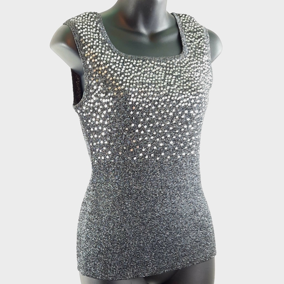 Large Lauren Michelle Grey Beaded Sleeveless elegant Sweater Top - Picture 6 of 17